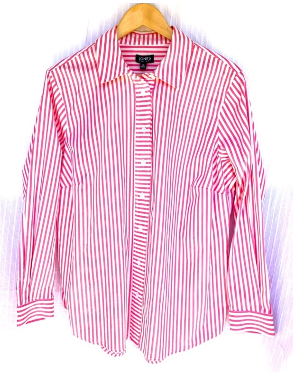 NWT Jones New York Cotton Pink White Striped Button Down Shirt Preppy Sporty